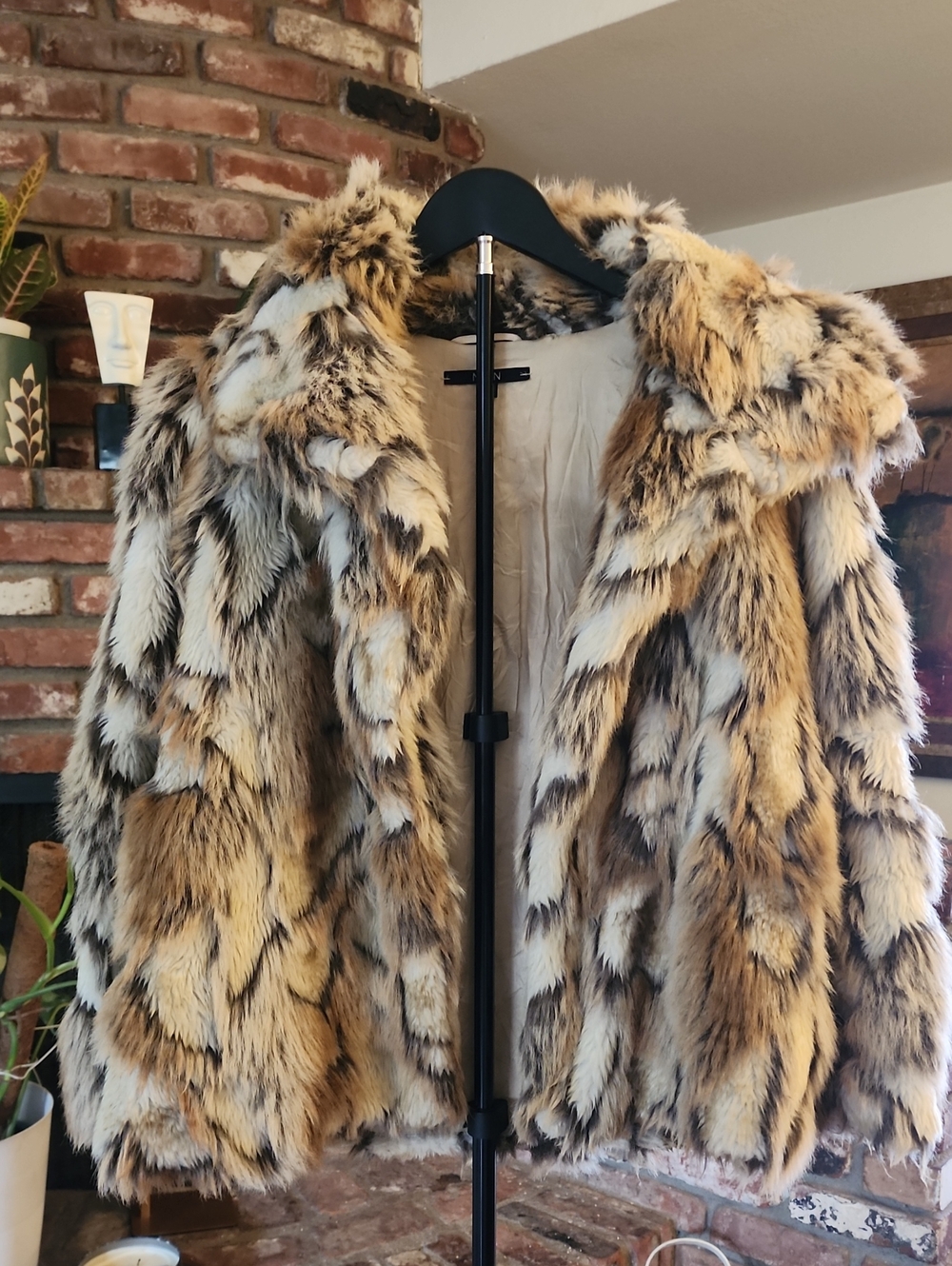 Naven Faux Fur Mixed Print Oversized Jacket Cream Brown Boho Luxe